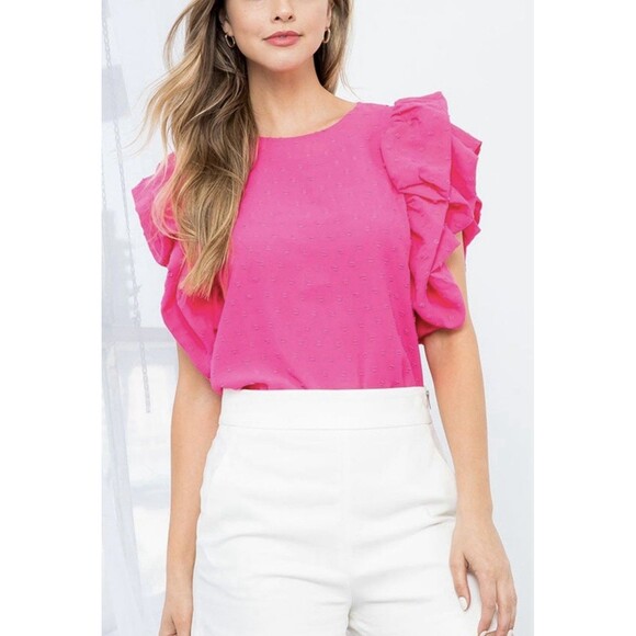 THML Woman’s Puff Sleeve Ruffle Neckline Pink Fuchsia Top Blouse Sz L - Picture 1 of 15